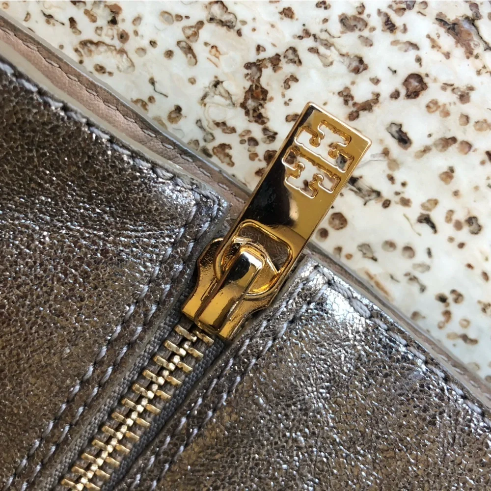 TORY BURCH Gold Metallic Leather HALLE Mid Combat Boots Size 6